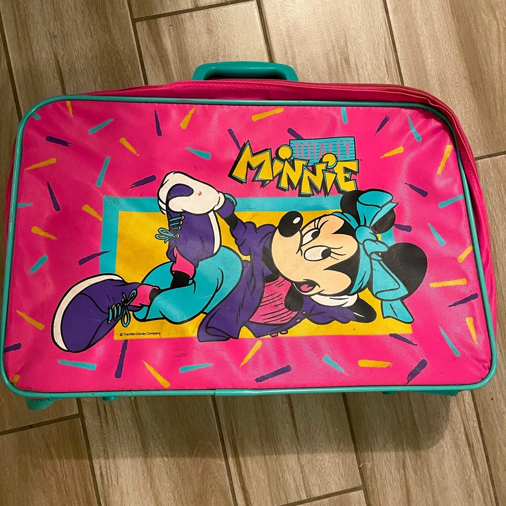 Vintage Pink/ teal Suitcase Kids Children's Luggage. Minnie Mouse!